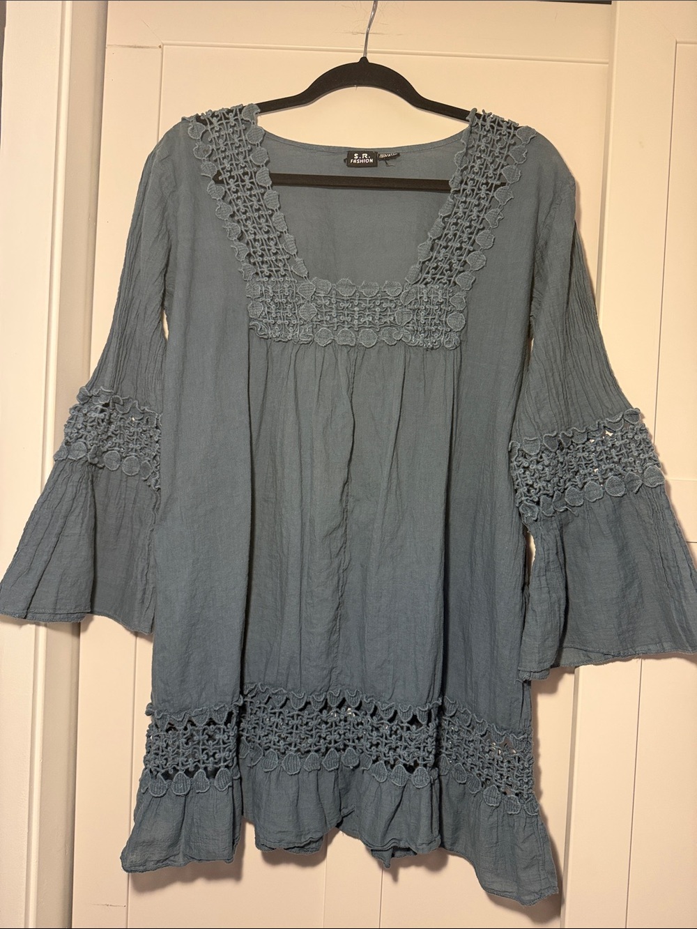 Boho Crochet-Trim Square Neck Tunic Top — Dusty Blue